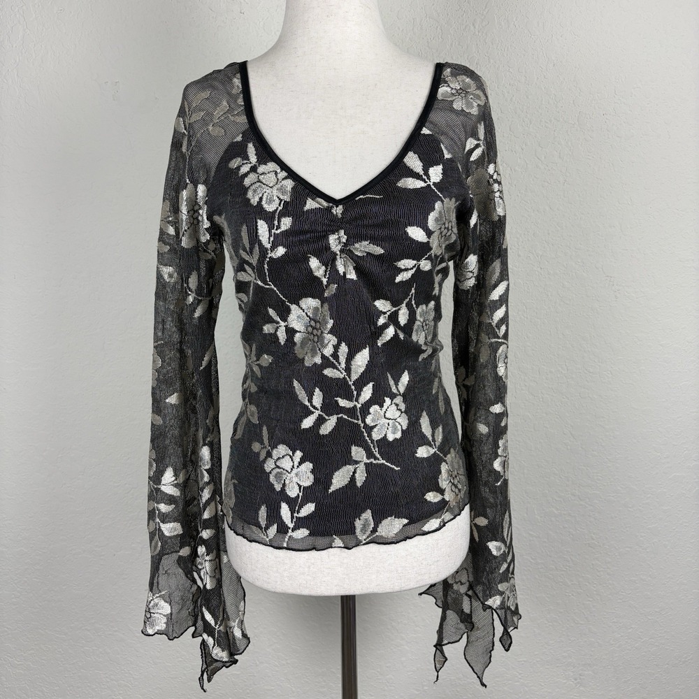 Vtg Y2K Size 8 Whimsigoth Blouse Flare Asymmetric Sleeve Floral Black Fairy Lace - Picture 2 of 7